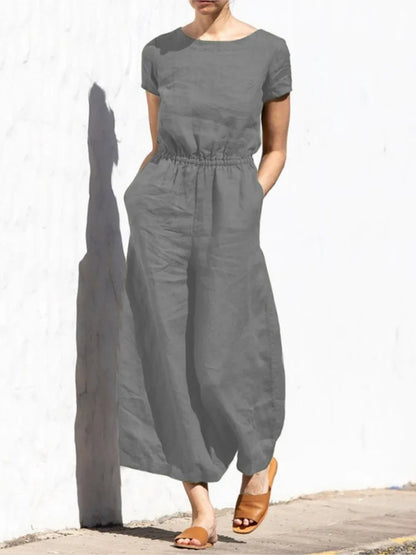 Jazlyn | O Neck Short Sleeve High Waist Wide Leg Pants