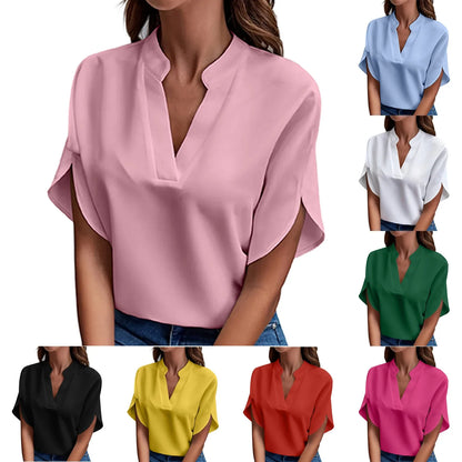 Willa | Short Sleeve Solid V Neck Loose Shirts
