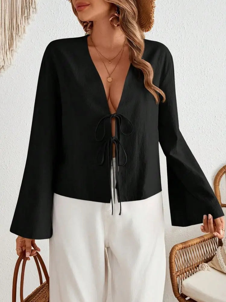 Denise | Sexy Lace Up Hollow Out Shirt V-neck - TrendHavenCo