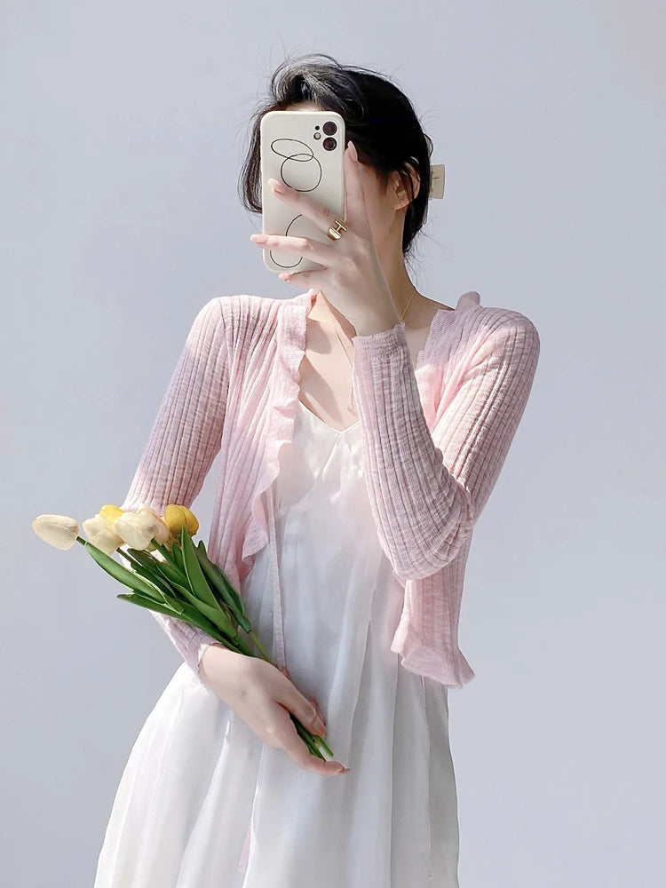 Sylvia | Lace Trim One Button Long Sleeve Crop Top