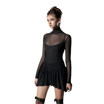 Mini Dress Women Spring New Solid Turtleneck Fashion Long Sleeves Casual Slim Dress Sexy See Through Mesh Female A-LINE Dresses - TrendHavenCo