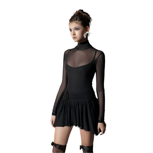 Mini Dress Women Spring New Solid Turtleneck Fashion Long Sleeves Casual Slim Dress Sexy See Through Mesh Female A-LINE Dresses - TrendHavenCo