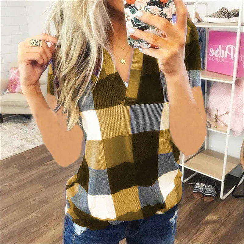 Maria | Short Sleeve Shirt V Neck Plaid Shirts - TrendHavenCo