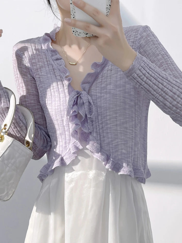 Sylvia | Lace Trim One Button Long Sleeve Crop Top