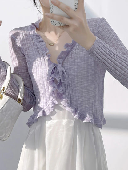 Sylvia | Lace Trim One Button Long Sleeve Crop Top