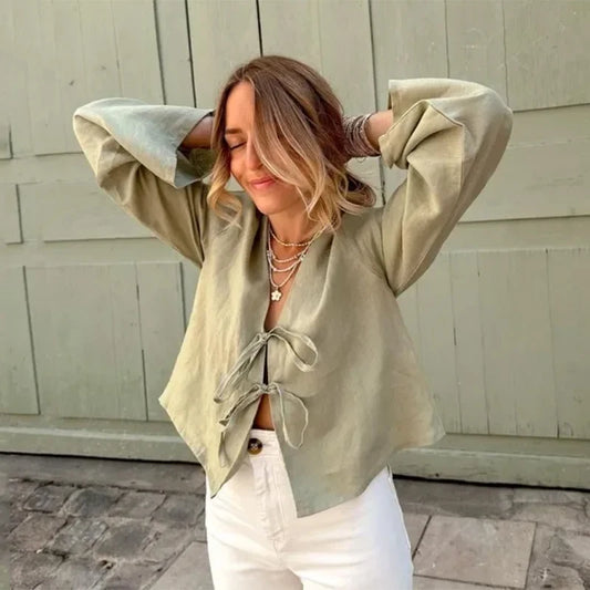 Arabelle | Street Tops Linen Lace Up Long Sleeve - TrendHavenCo