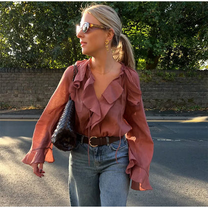 Aleyah | Wine Red Lace Up Ruffles Chiffon Blouse - TrendHavenCo
