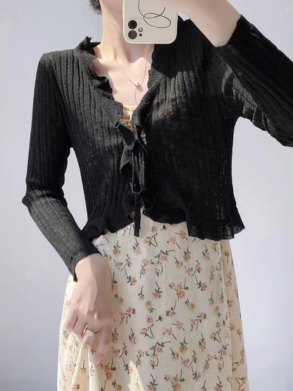 Sylvia | Lace Trim One Button Long Sleeve Crop Top