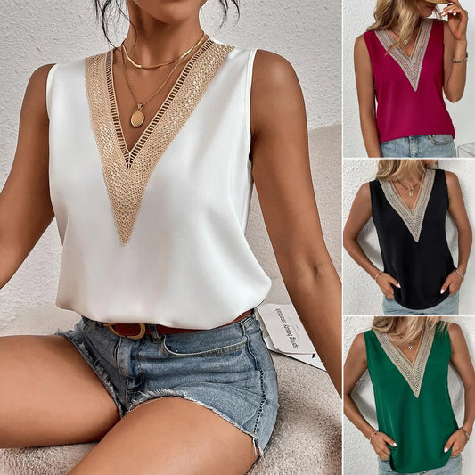 Rachel | Sleeveless V-neck Lace Blouse - TrendHavenCo