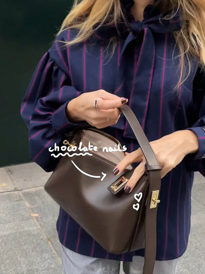 Striped Women Casual Lace Up Blouse Fashion O Neck Long Sleeve Single-breasted Loose Shirt 2025 Spring New Female Commuting Tops - TrendHavenCo