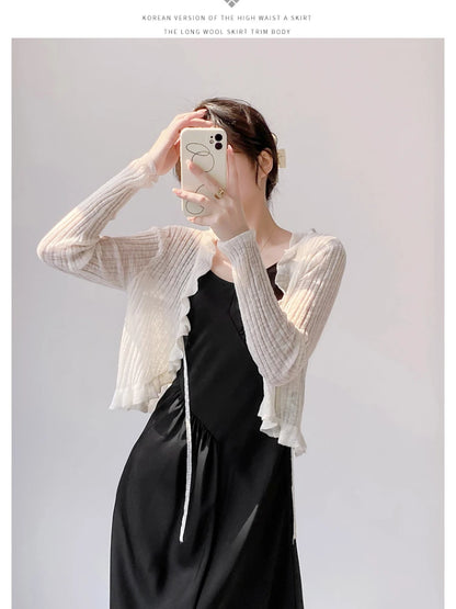 Sylvia | Lace Trim One Button Long Sleeve Crop Top