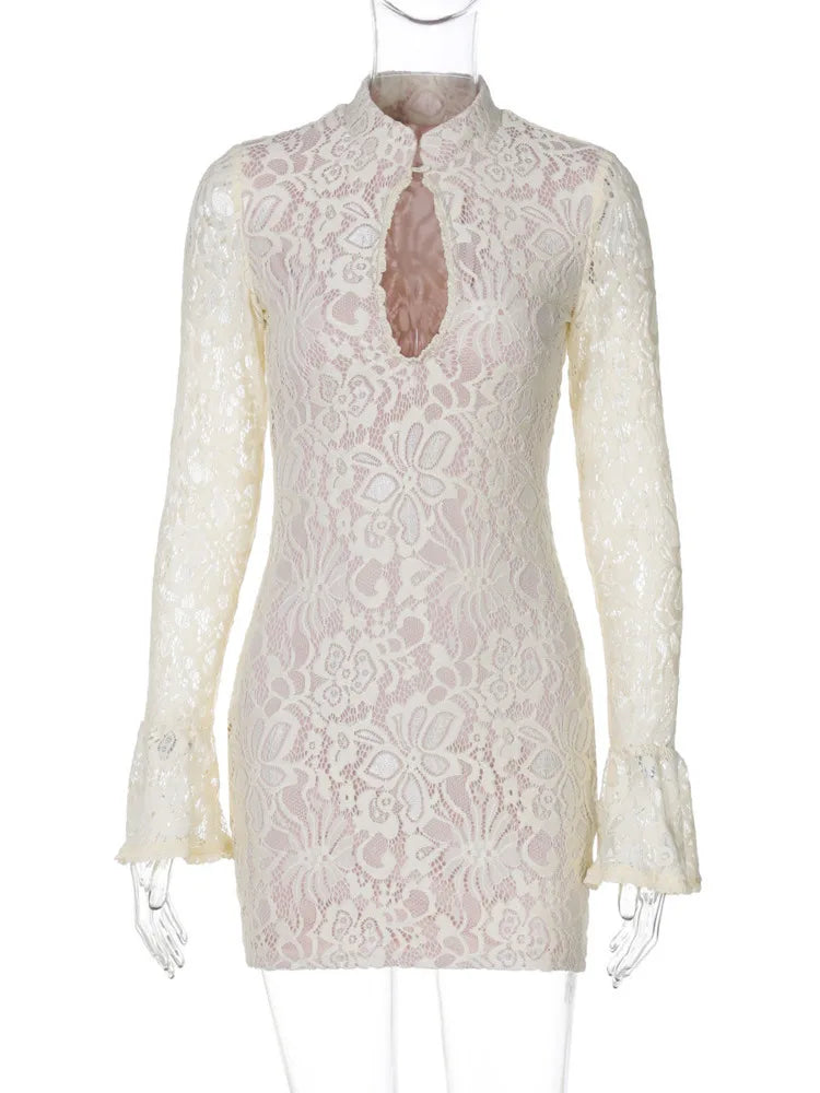 Alison l Lace Hollow Out Long Sleeve Sexy Mini Dress - TrendHavenCo