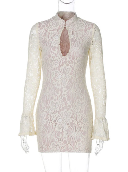 Alison l Lace Hollow Out Long Sleeve Sexy Mini Dress - TrendHavenCo