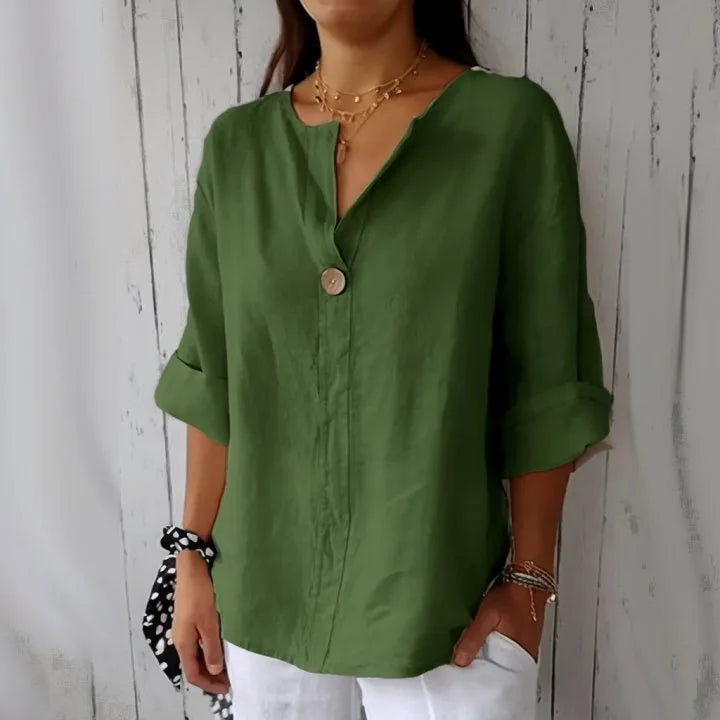 Aliyah | Women's Loose Shirt V-neck Button Top - TrendHavenCo