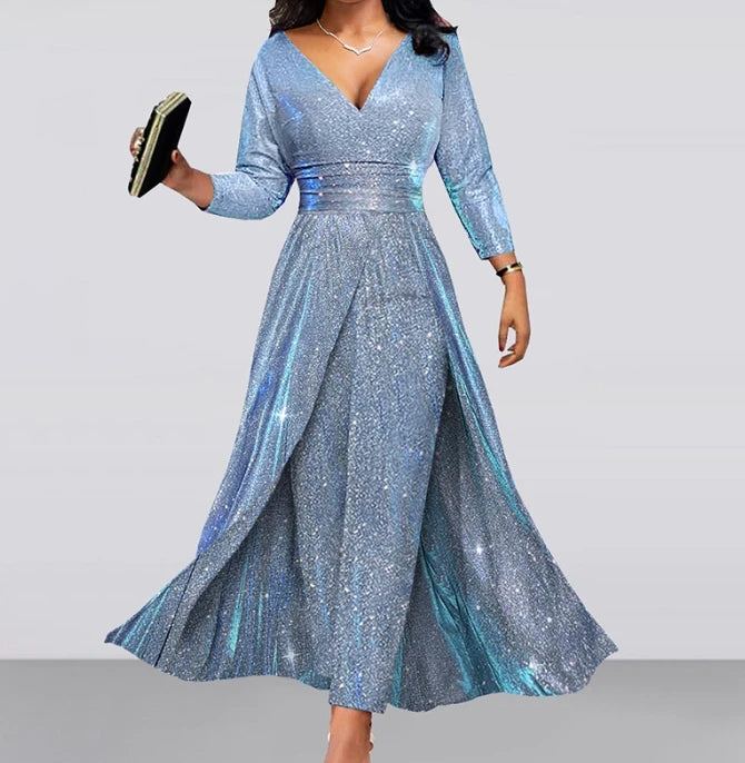 Estella | Sequin Large Skirt V-Neck Long Jumpsuits