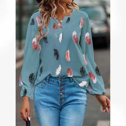 Fashion Women Temperament Elegant V-neck Shirt Long Sleeve Feather Painting Printed Loose Elegant Chiffon Flared Sleeve T Shirt - TrendHavenCo