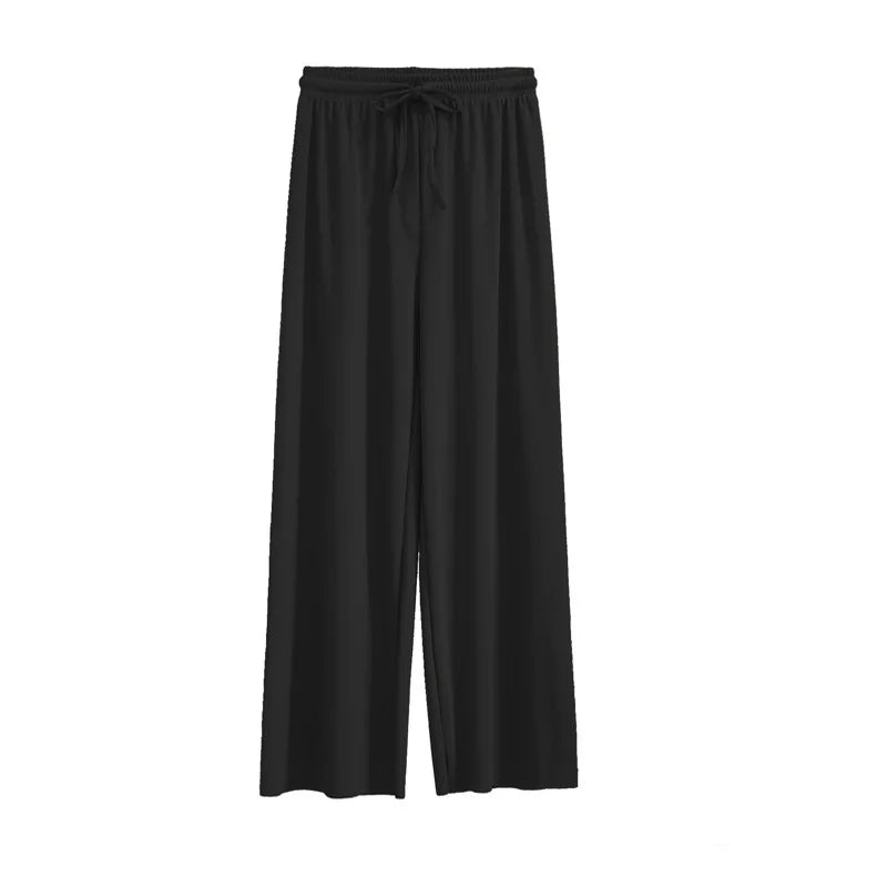 Women Ankle-Length Wide Leg Pants Casual Summer Solid Elastic Waist Loose Ice Silk Pants Spring Summer Female Trousers - TrendHavenCo