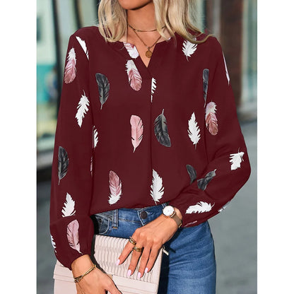 Fashion Women Temperament Elegant V-neck Shirt Long Sleeve Feather Painting Printed Loose Elegant Chiffon Flared Sleeve T Shirt - TrendHavenCo