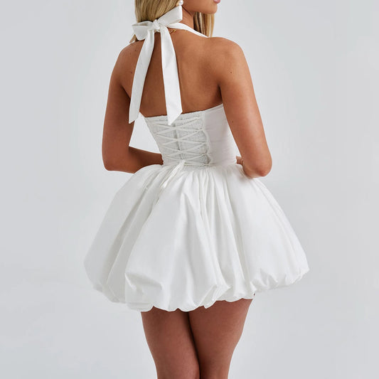 Women Summer Fashion Sexy Mini Tank Dress Sleeveless Halter Neck Solid Tie Up A-line High Waist Party Clubwear Bubble Dress - TrendHavenCo
