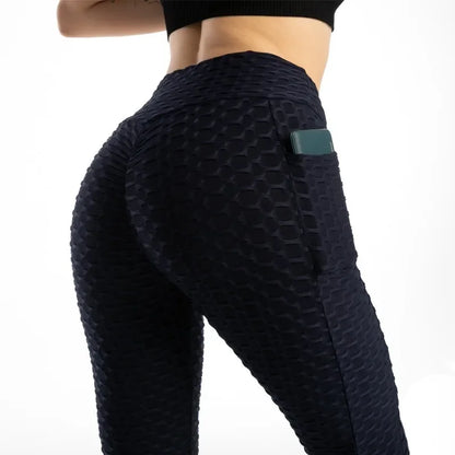 Women Fashion Pocket Bubble Pants Stretchy Slim Leggings Gym Running Cycling Fitness Pants High Waist Hip Lift Leggings Female - TrendHavenCo
