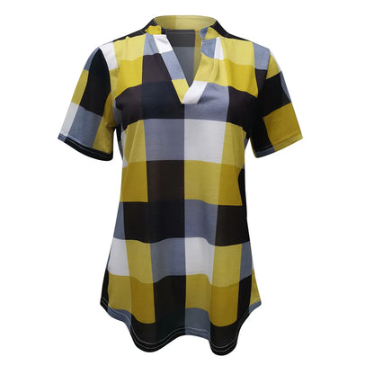 Maria | Short Sleeve Shirt V Neck Plaid Shirts - TrendHavenCo
