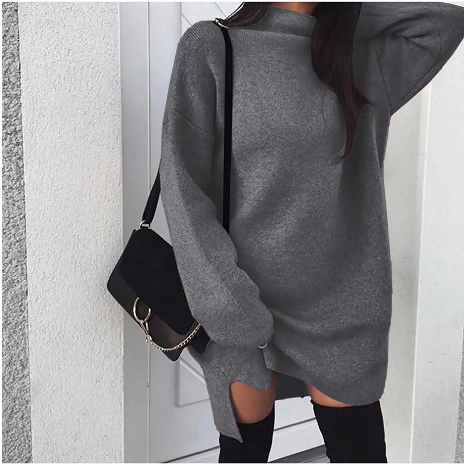 2024 Women Casual Turtleneck Long Sleeve Sexy Mini Dress Solid Color Loose Evening Party Dresses Elegant Glamorous Daily Costume - TrendHavenCo