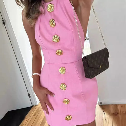 Sexy Cut Out Rose Button Halter Mini Dress Women Fashion Sleeveless Backless Party Dresses 2024 Summer Elegant Female Vestidos - TrendHavenCo
