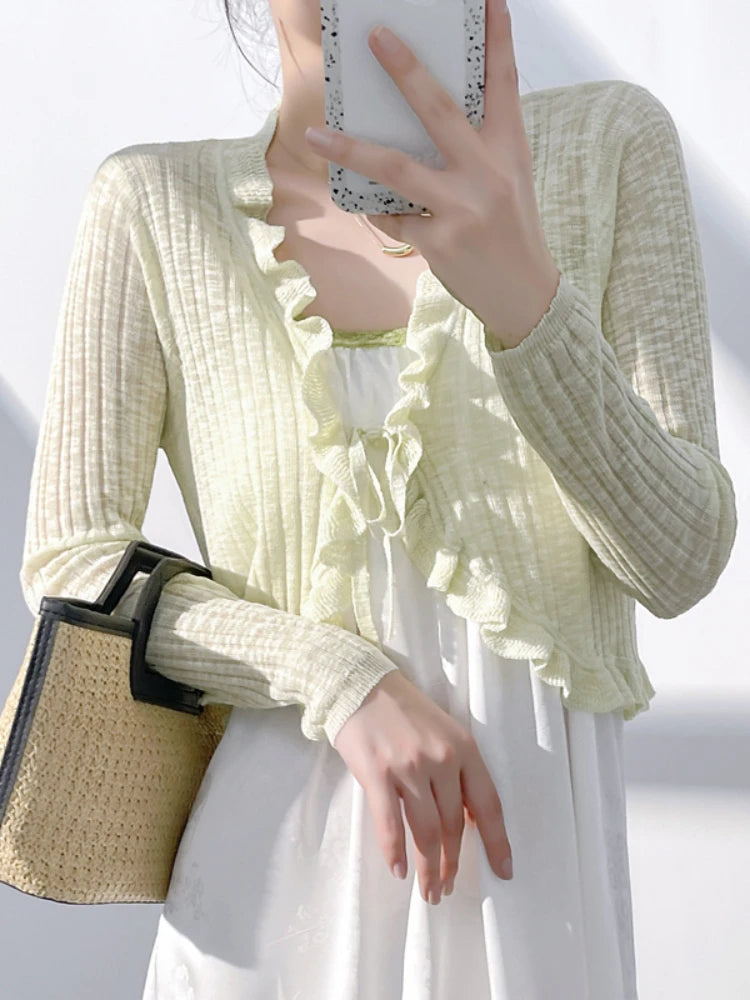 Sylvia | Lace Trim One Button Long Sleeve Crop Top