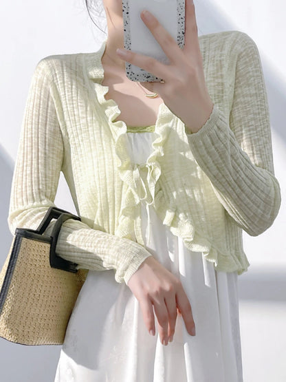 Sylvia | Lace Trim One Button Long Sleeve Crop Top