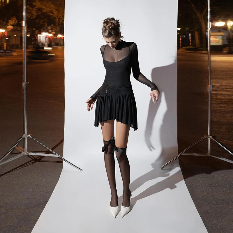 Mini Dress Women Spring New Solid Turtleneck Fashion Long Sleeves Casual Slim Dress Sexy See Through Mesh Female A-LINE Dresses - TrendHavenCo