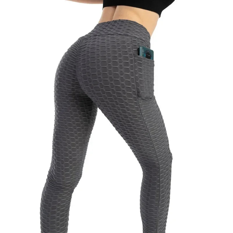 Women Fashion Pocket Bubble Pants Stretchy Slim Leggings Gym Running Cycling Fitness Pants High Waist Hip Lift Leggings Female - TrendHavenCo
