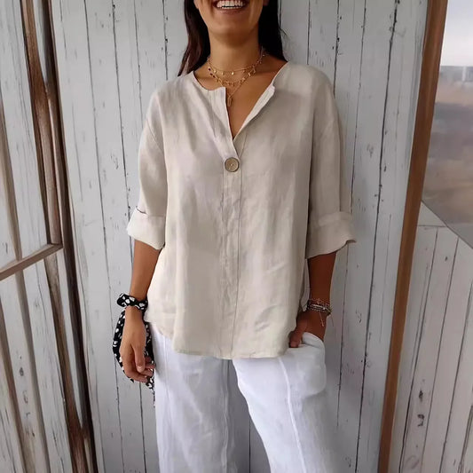 Aliyah | Women's Loose Shirt V-neck Button Top - TrendHavenCo