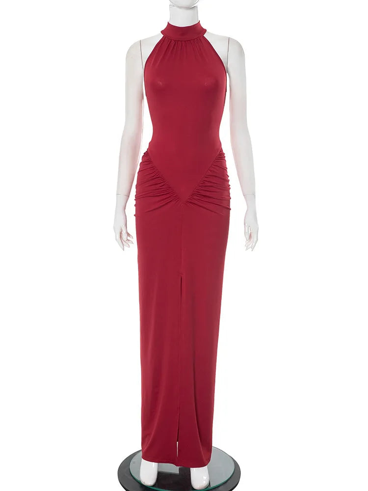 Adelina | Halter Ruched Sleeveless Sexy Maxi Dress