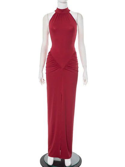 Adelina | Halter Ruched Sleeveless Sexy Maxi Dress