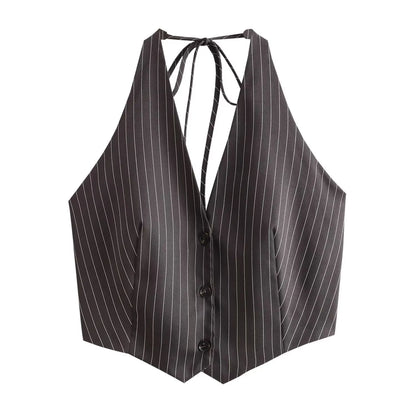 Miley | Sexy Backless Bow Tied Striped Print Short Blouse