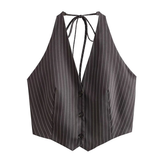 Miley | Sexy Backless Bow Tied Striped Print Short Blouse