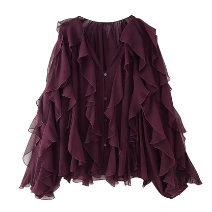 Azalea | Sexy Semi-sheer Ruffle Shirt Long Sleeve Blouse
