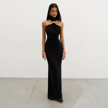 Elegant Metal Ring Turtleneck Maxi Dress for Women Sexy Off Shoulder Sleeveless Holidays Party Dress Summer Bodycon Dress 2025 - TrendHavenCo