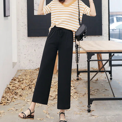 Women Ankle-Length Wide Leg Pants Casual Summer Solid Elastic Waist Loose Ice Silk Pants Spring Summer Female Trousers - TrendHavenCo