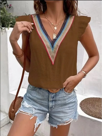 Diane | V-neck Splicing Lace Shirt - TrendHavenCo
