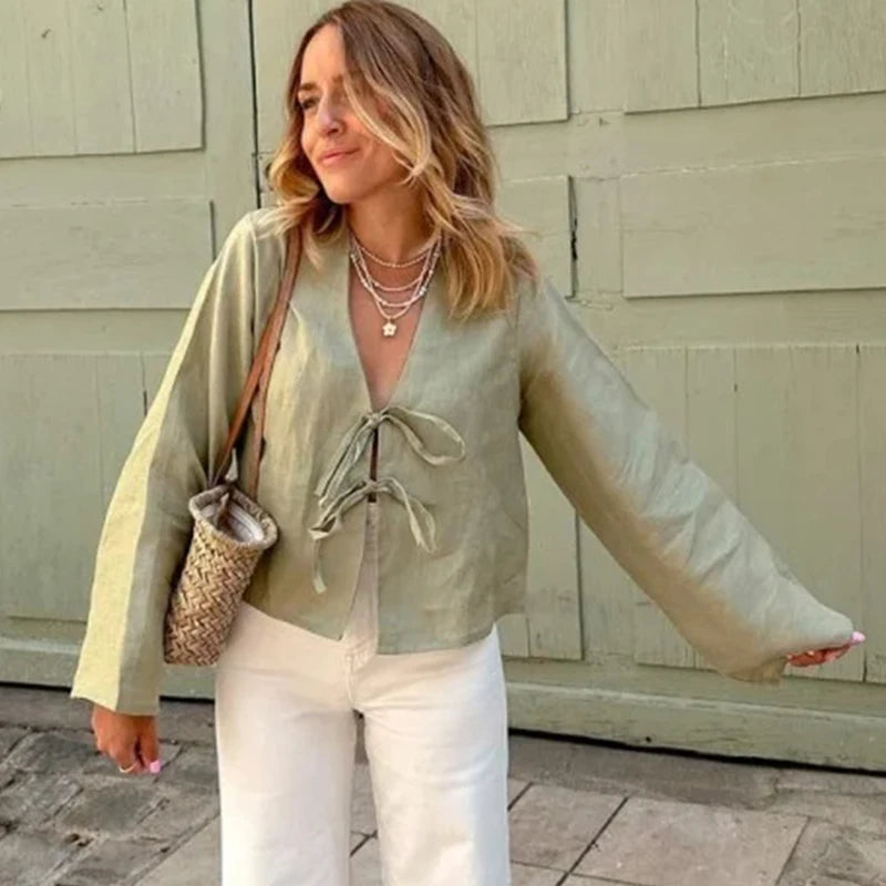 Arabelle | Street Tops Linen Lace Up Long Sleeve - TrendHavenCo