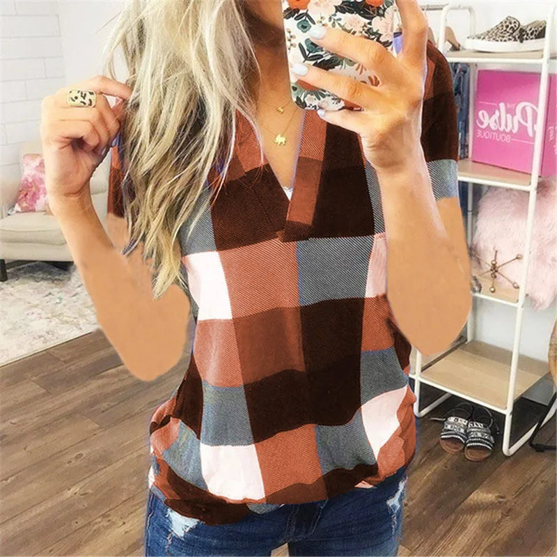 Maria | Short Sleeve Shirt V Neck Plaid Shirts - TrendHavenCo