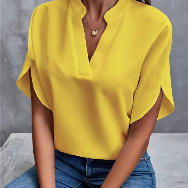 Shaira | Womens V Neck Short Sleeve Blouse - TrendHavenCo