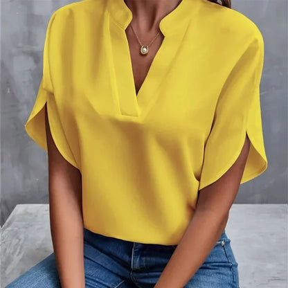 Shaira | Womens V Neck Short Sleeve Blouse - TrendHavenCo