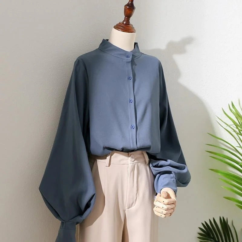 Aubree | Long Lantern Sleeve Stand Collar Loose Blouse