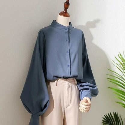 Aubree | Long Lantern Sleeve Stand Collar Loose Blouse