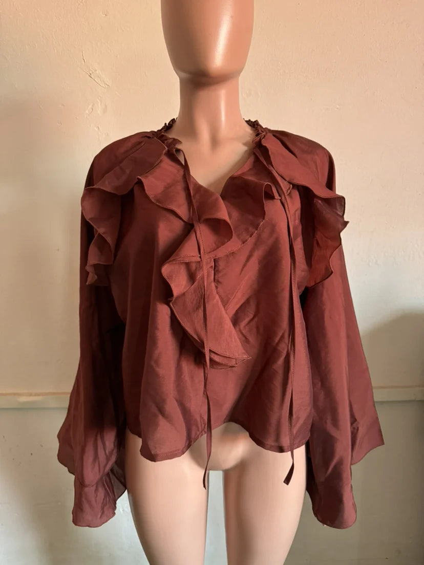 Aleyah | Wine Red Lace Up Ruffles Chiffon Blouse - TrendHavenCo