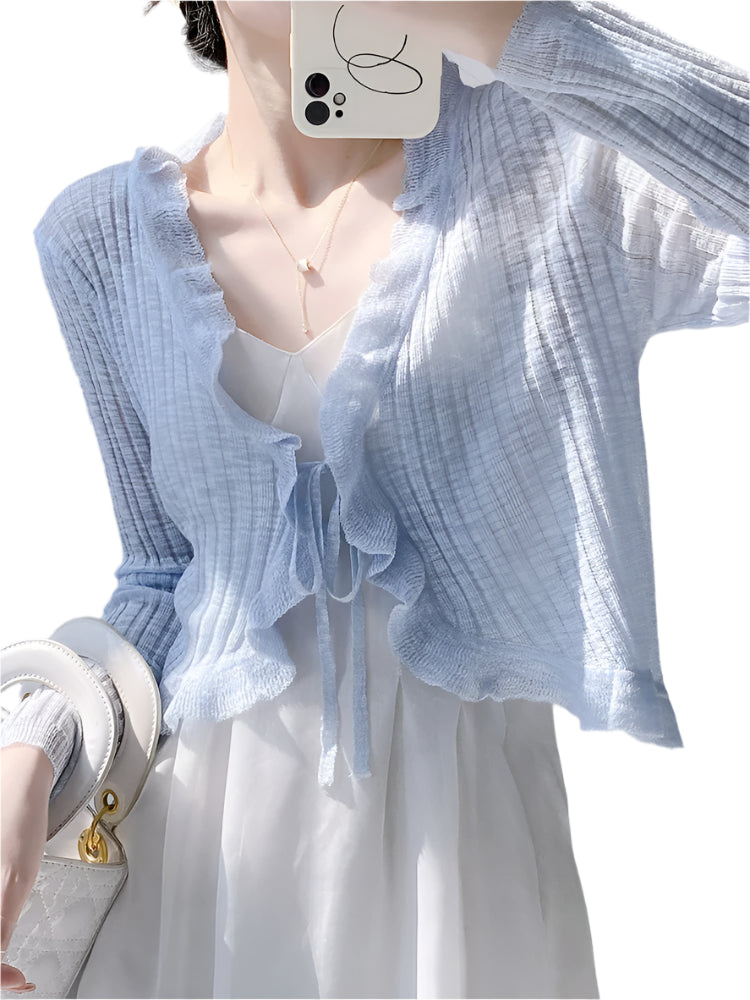 Sylvia | Lace Trim One Button Long Sleeve Crop Top