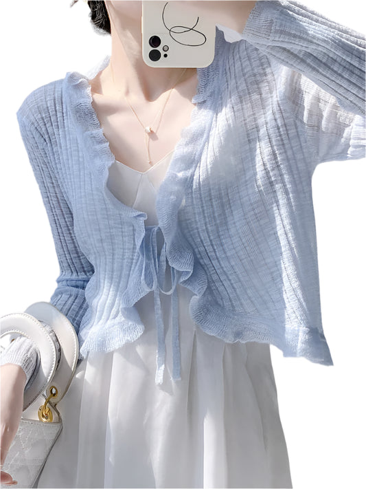 Sylvia | Lace Trim One Button Long Sleeve Crop Top