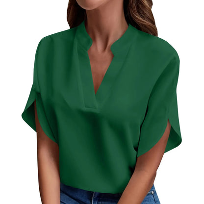 Willa | Short Sleeve Solid V Neck Loose Shirts